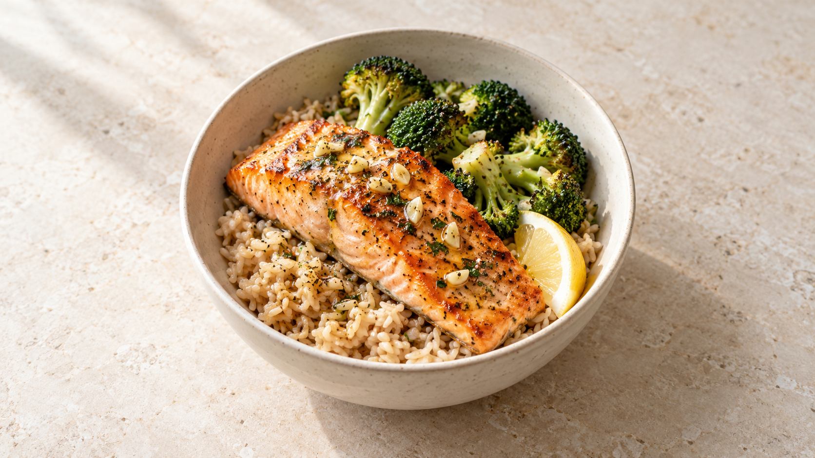 AI-created illustration of salmon, brown rice, broccoli and lemon